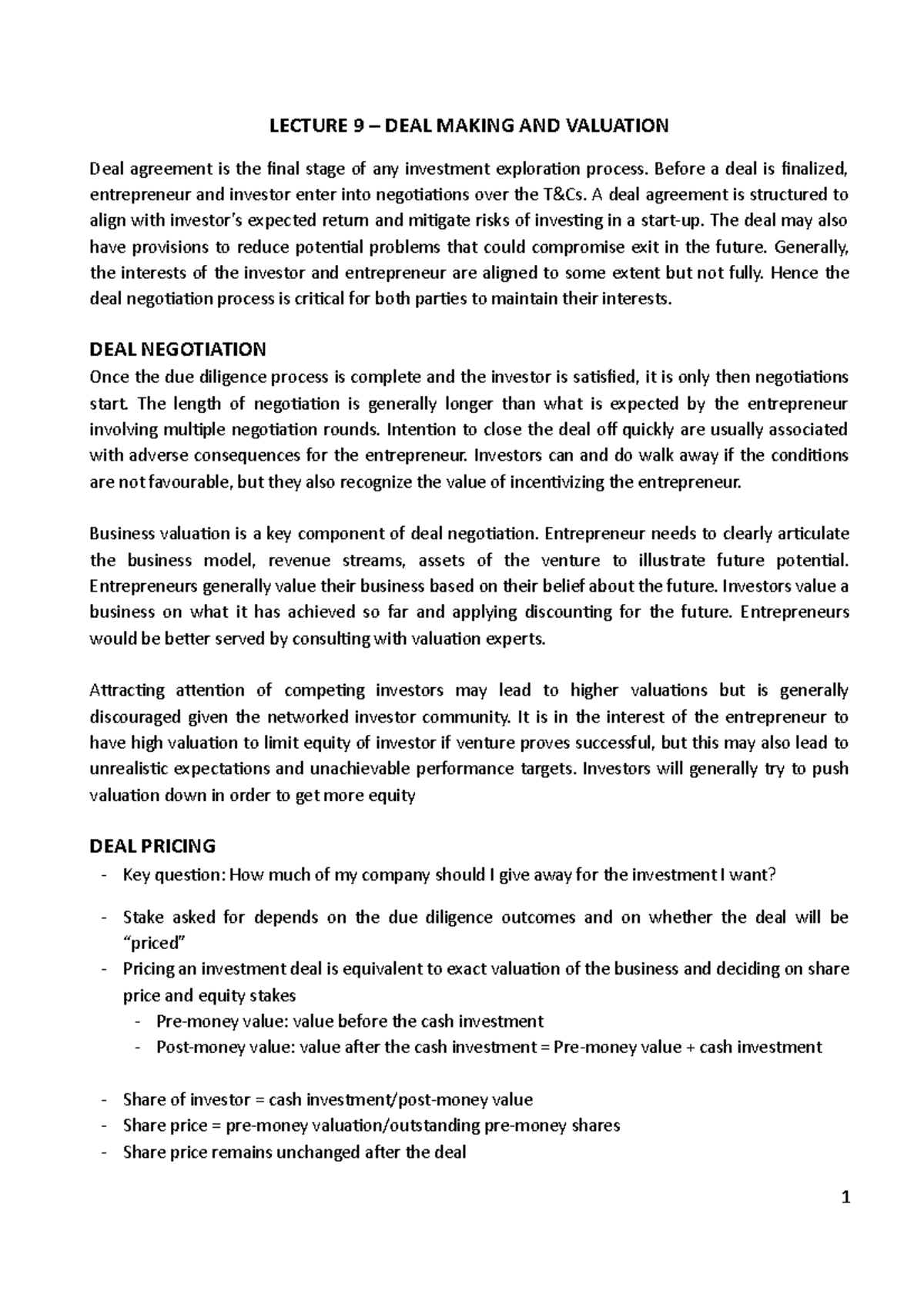 Lecture 10 - LECTURE 9 – DEAL MAKING AND VALUATION Deal agreement is ...