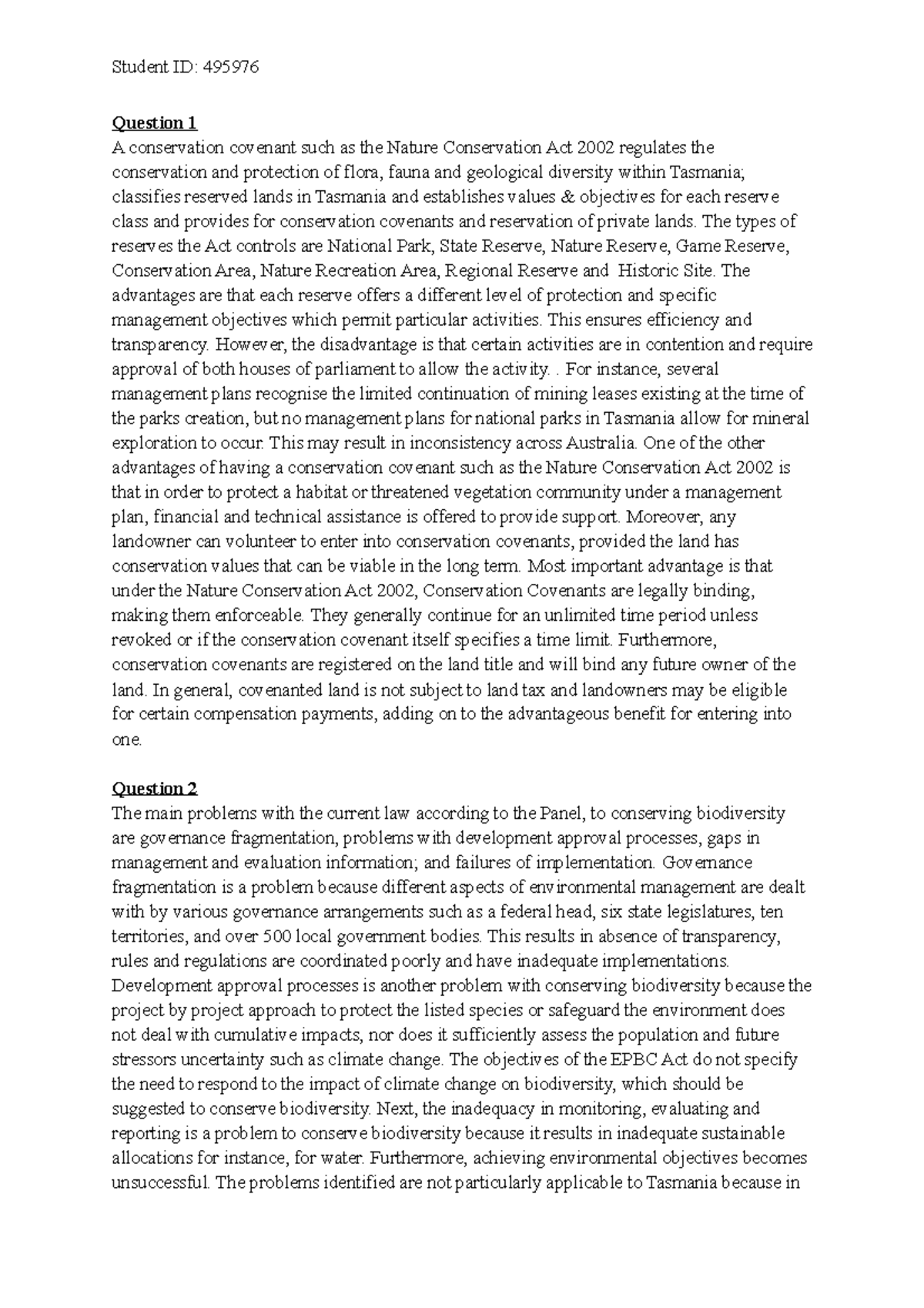 Environmental tut Student ID 495976 Question 1 A conservation