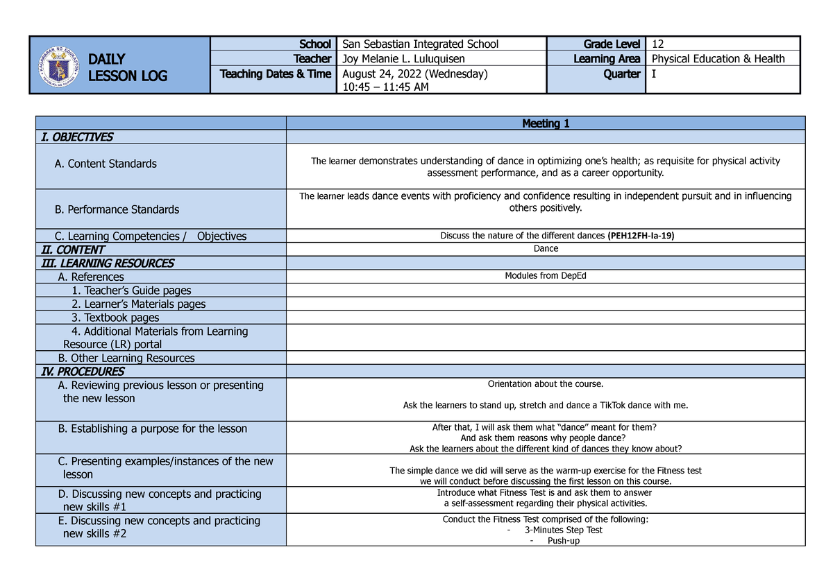 Health Optimizing PE for Grade 12 DLL Week 1 - DAILY LESSON LOG School ...