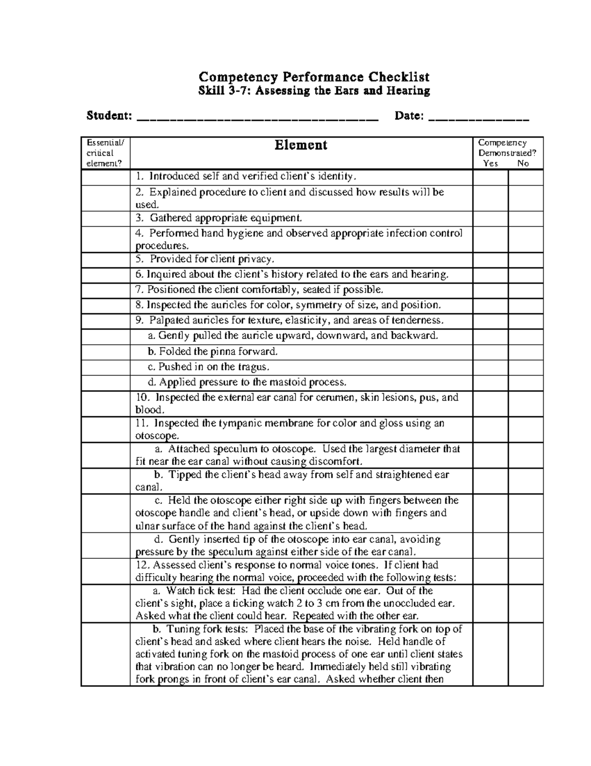 Assessing Ears Hearing - Competency Performance Checklist Skill 3 - 7 ...