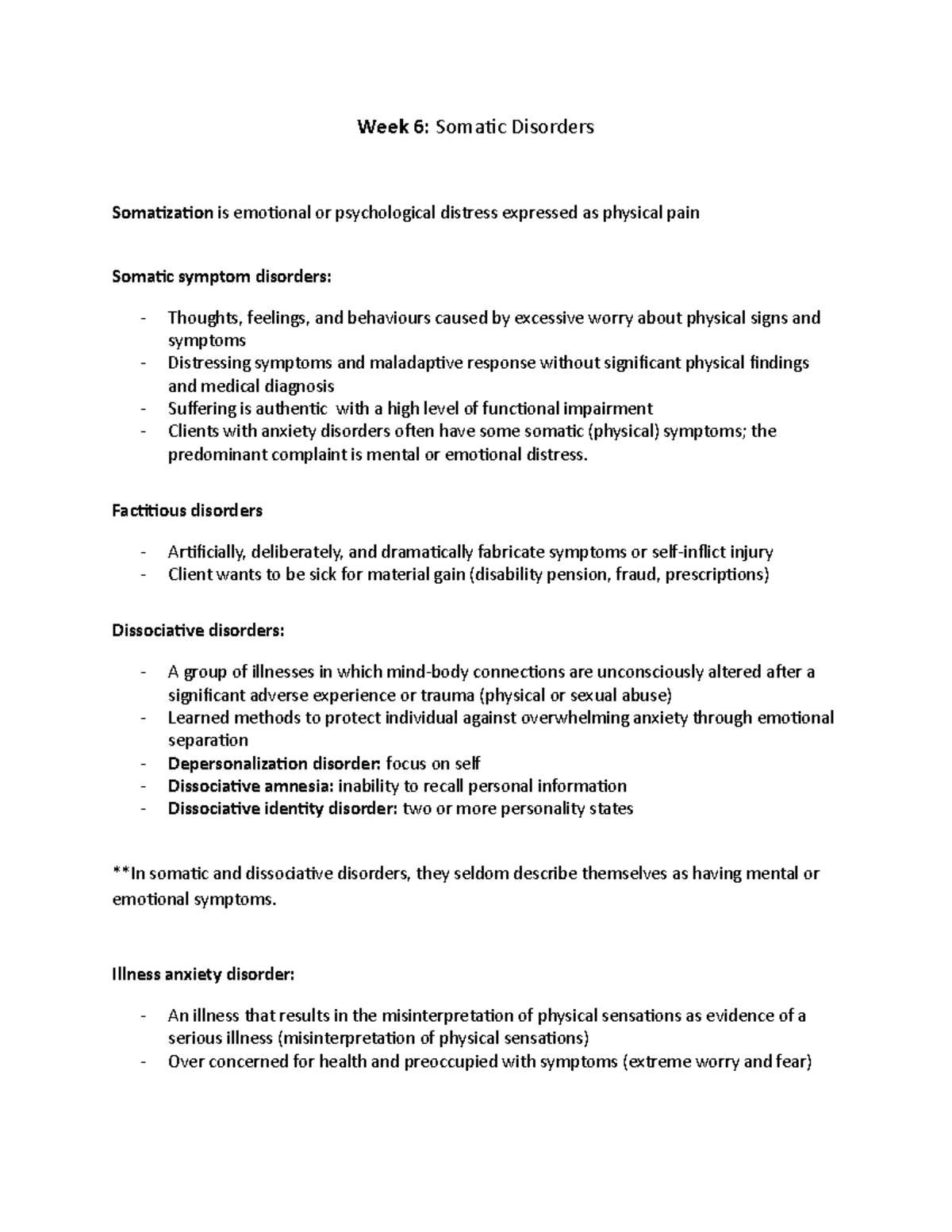 5 Somatic Disorders - Lecture notes 5 - Week 6: Somatic Disorders ...