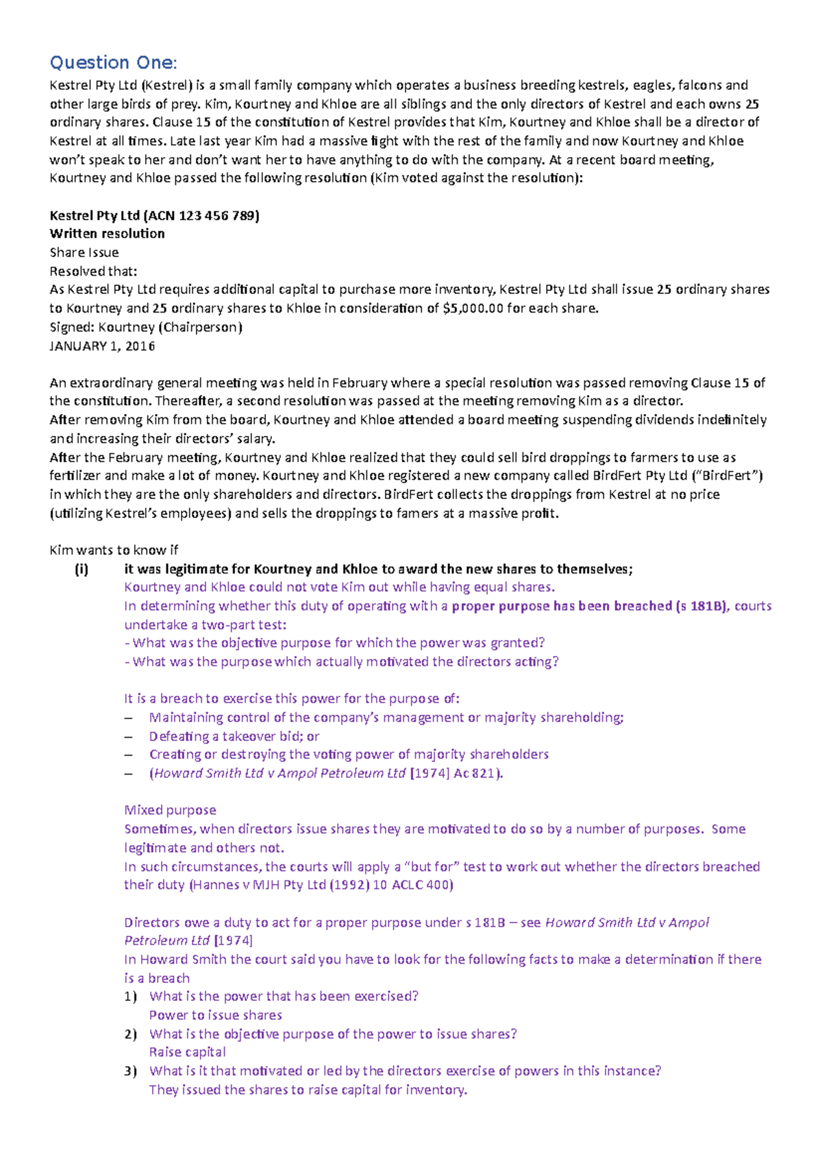 Tutorial work - week 11 - Question One: Kestrel Pty Ltd (Kestrel) is a ...