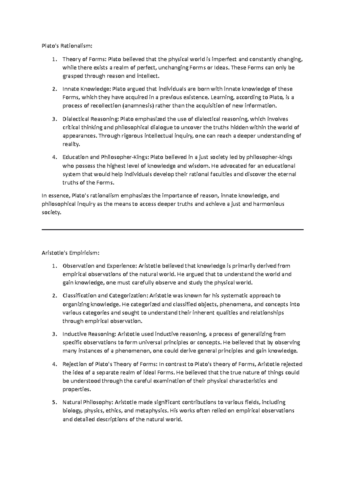 Academic Skills summary - Plato's Rationalism: 1. Theory of Forms ...