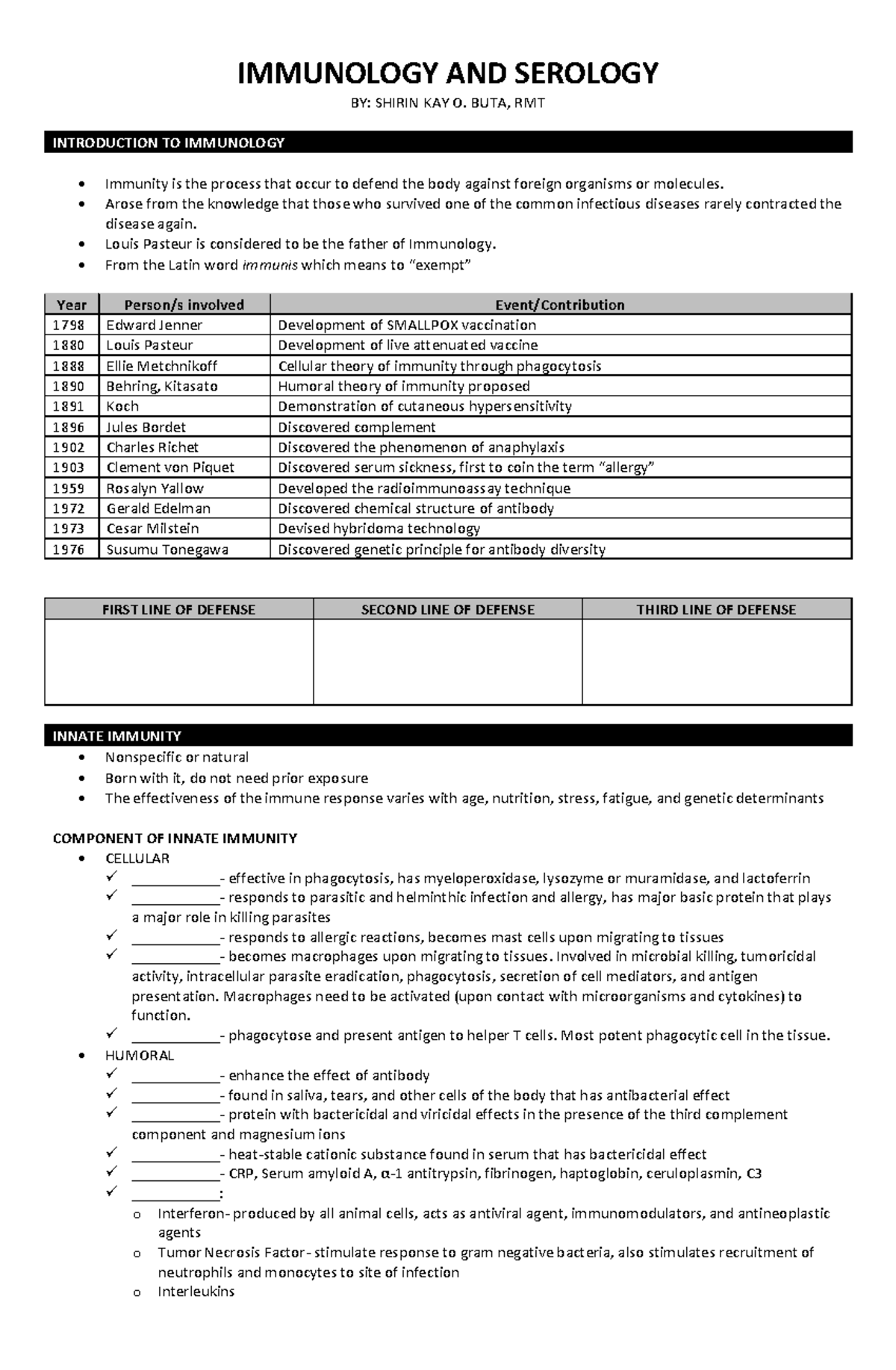 Immunology-AND- Serology- Intensive- Lecture- Handout - IMMUNOLOGY AND ...