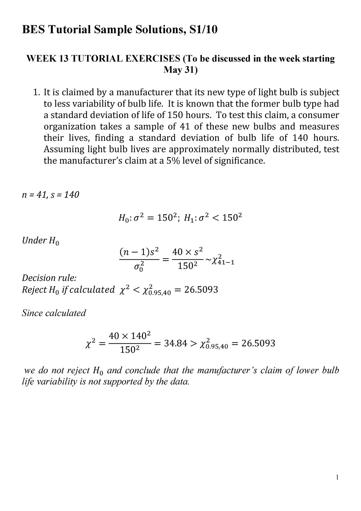 Tut Sol Week13 - Tutorial Solutions - BES Tutorial Sample Solutions, S1 ...