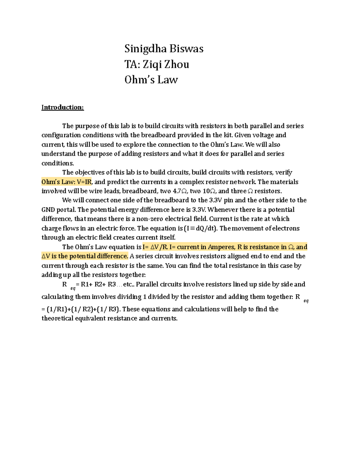 Ohm's Law These are one of the assignments for the course. Please