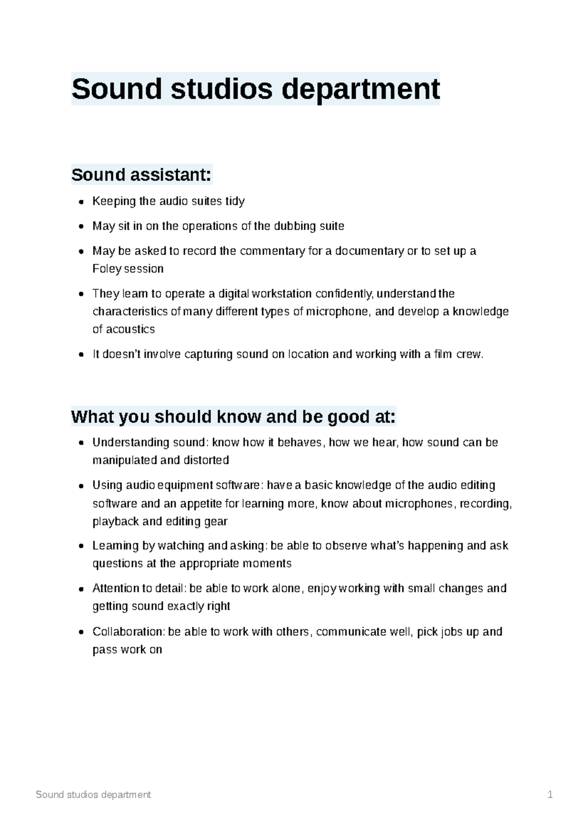 Sound studios department - Sound studios department 1 Sound studios ...