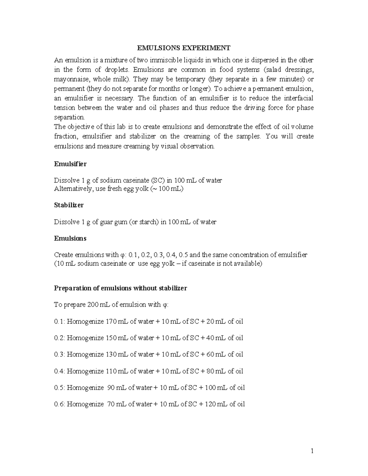 Emulsions Experiment - For student to appreciate the principles and ...