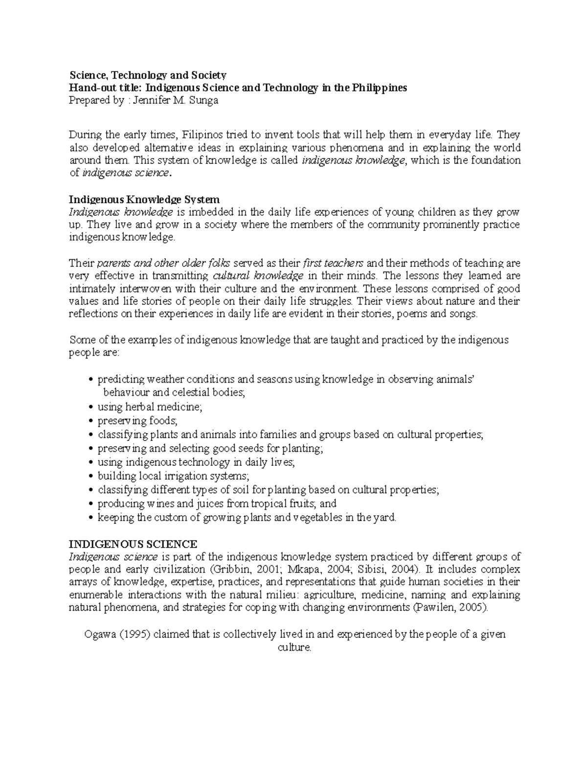 Handout IndigenousScienceandTechnologyinthePhilippines Science