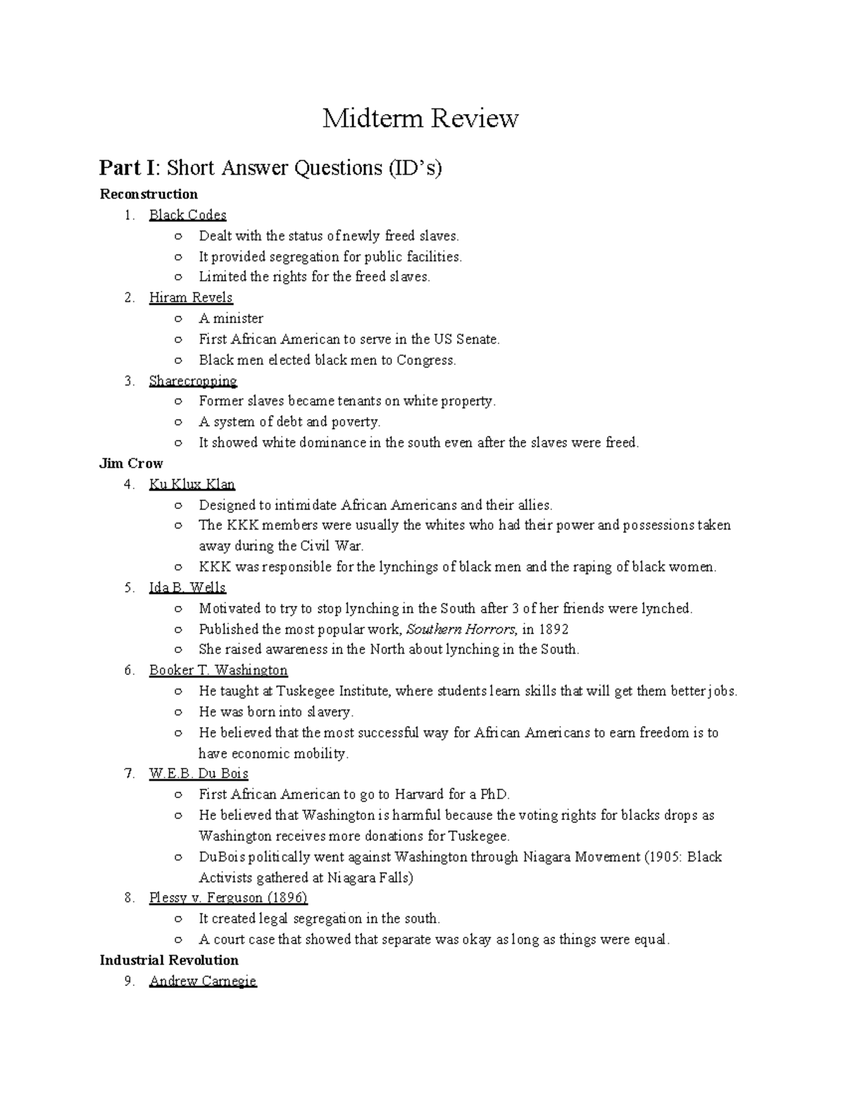 Midterm Review - Midterm Review Part I : Short Answer Questions (ID’s ...