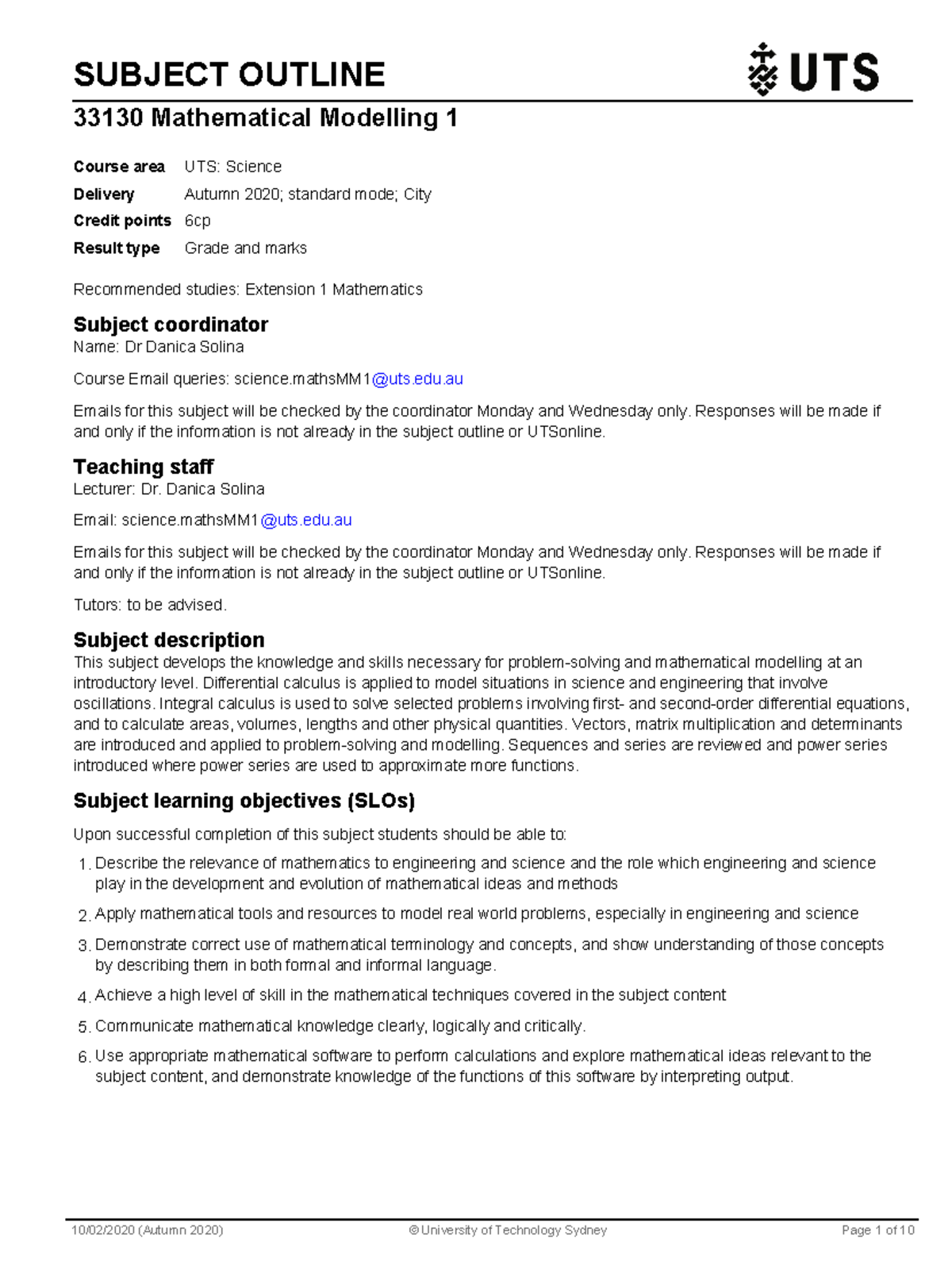 2020 Autumn 33130 subject outline - SUBJECT OUTLINE 33130 Mathematical ...