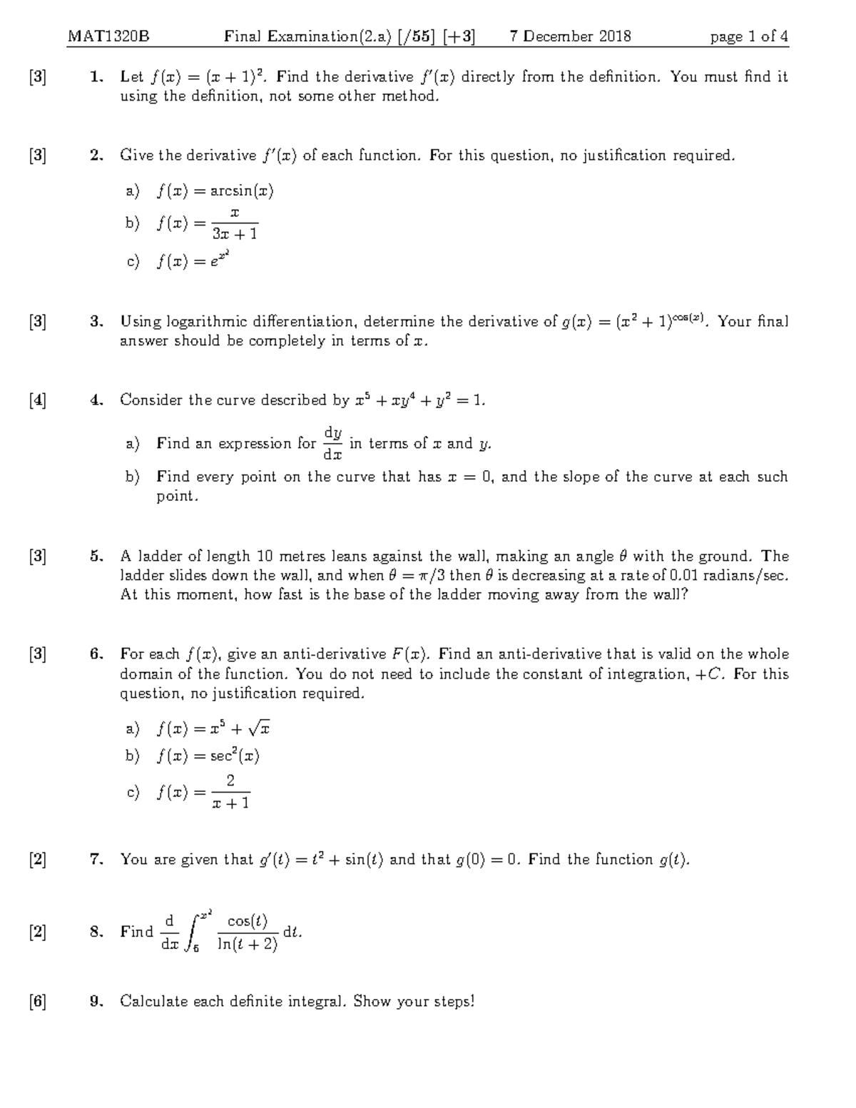 Mat1720 Pratique Examen 3 1 Let F X X 1 2 Find The Derivative F ′x Directly 9568