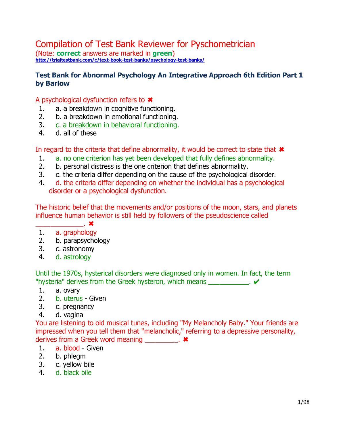 Pdf - These Are Practice Test For Abnormal Psychology - Compilation Of ...