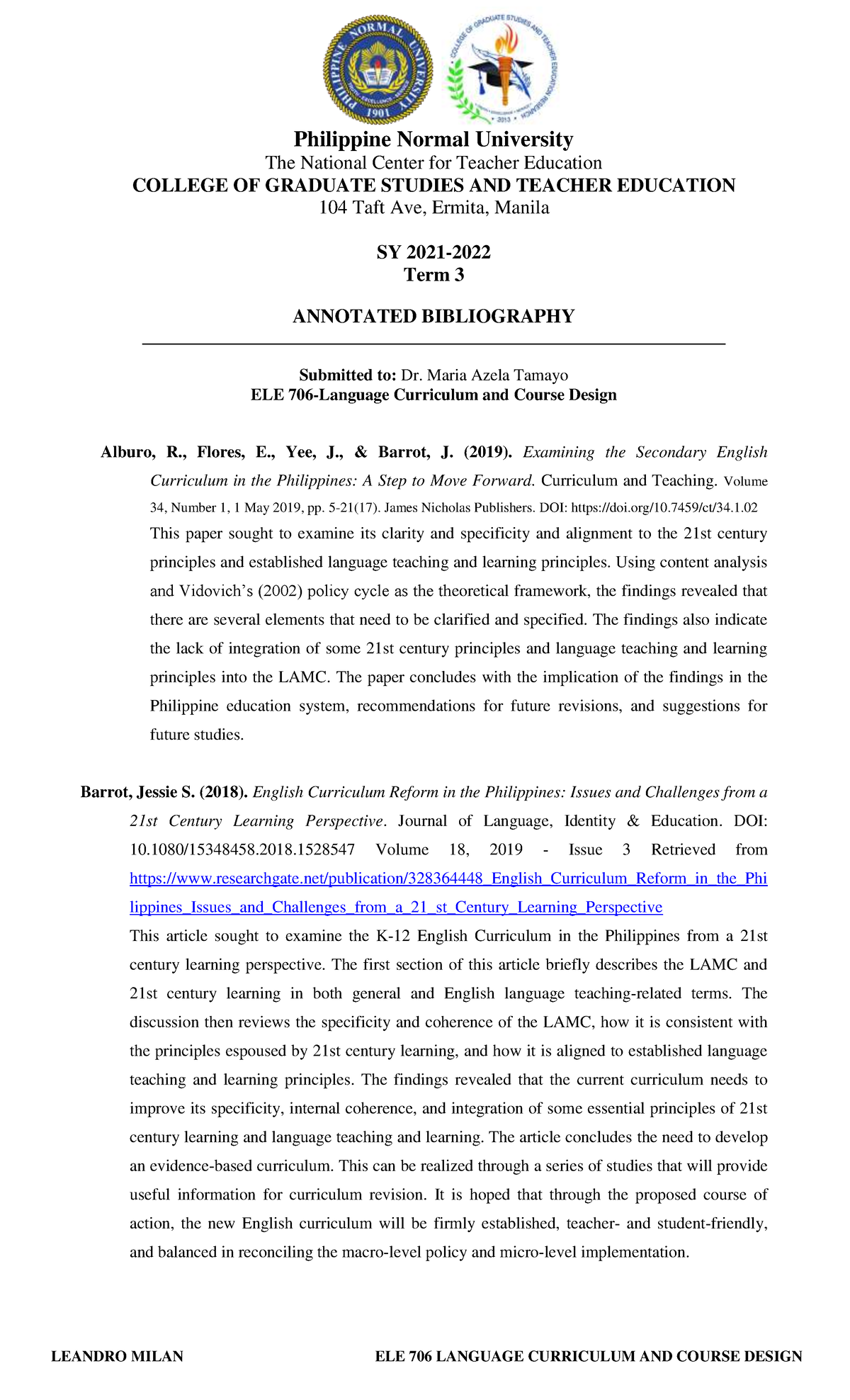 Annotated Bibliography ELE 706 Milan Leandro L - Philippine Normal ...