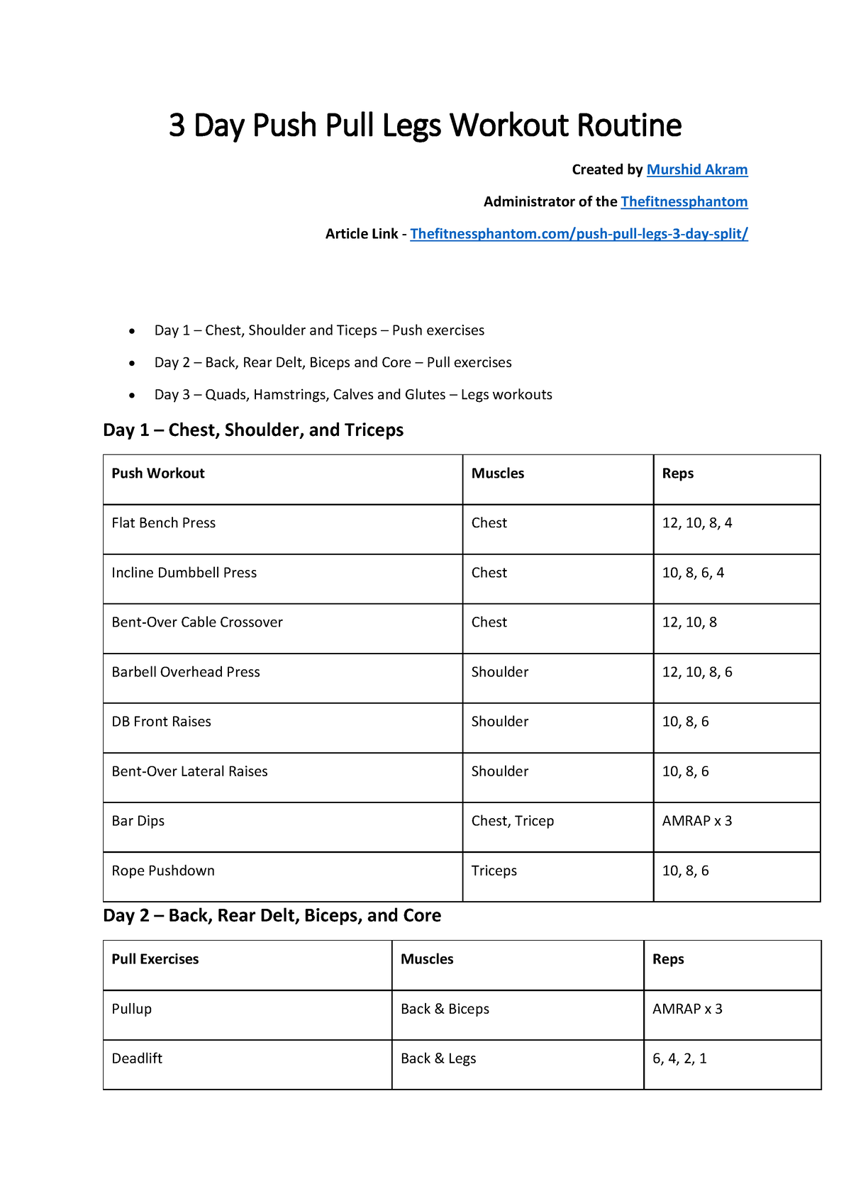 3 Day Push Pull Legs Workout Routine PDF 3 Day Push Pull Legs Workout