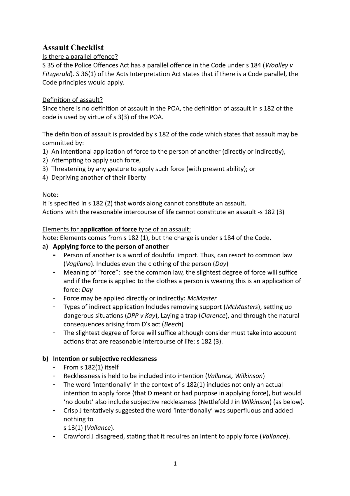 Assault Checklist S 361 Of The Acts Interpretation Act States That If There Is A Code 8928