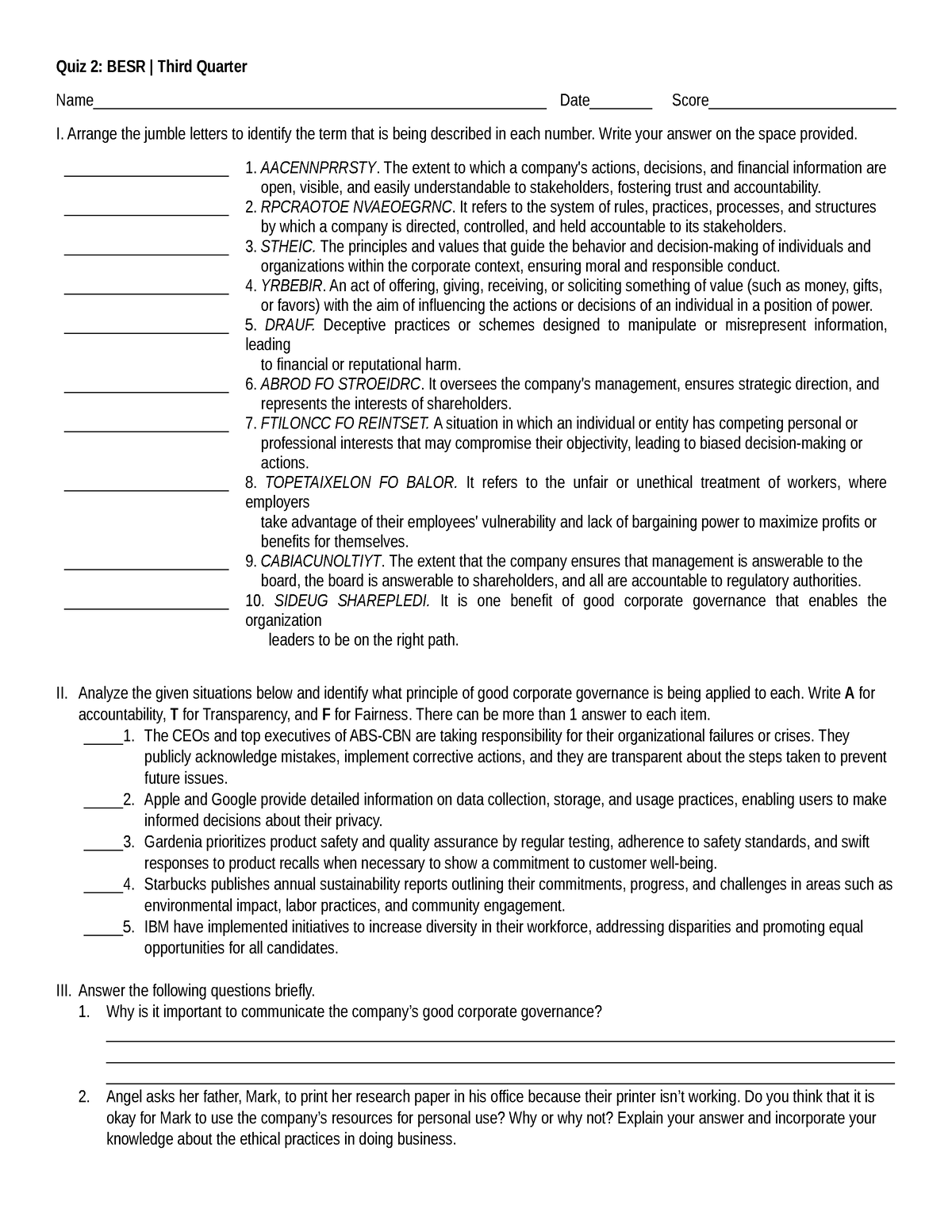 Quiz 2-3rd Q-BESR - Quiz 2: BESR | Third Quarter - Studocu