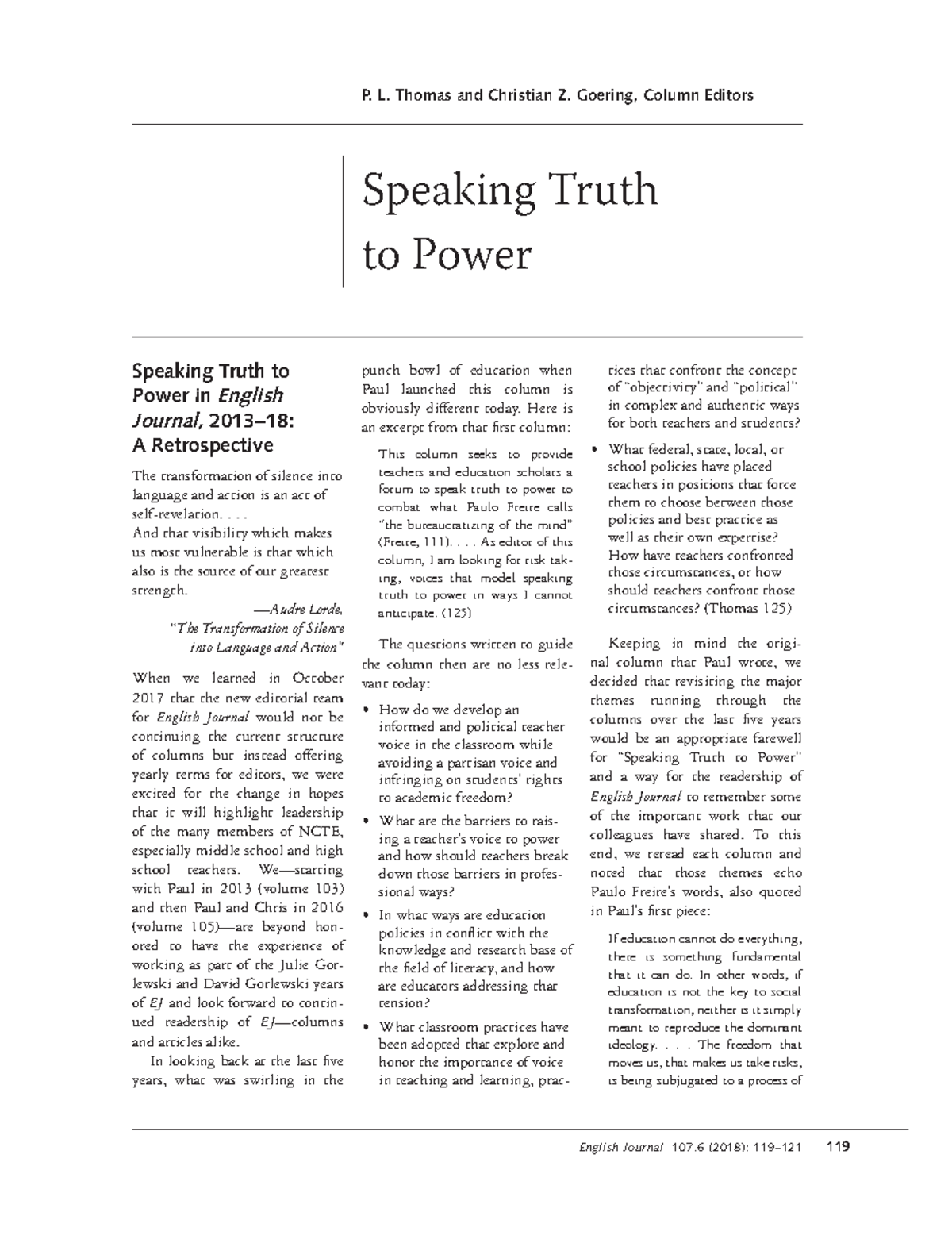 6. Speaking Truth to Power English Journal 107 (2018) 119121 119