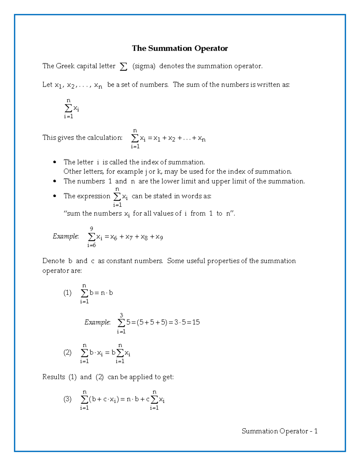 Sumrule - ECON summation operator summary - Summation Operator - 1 The ...