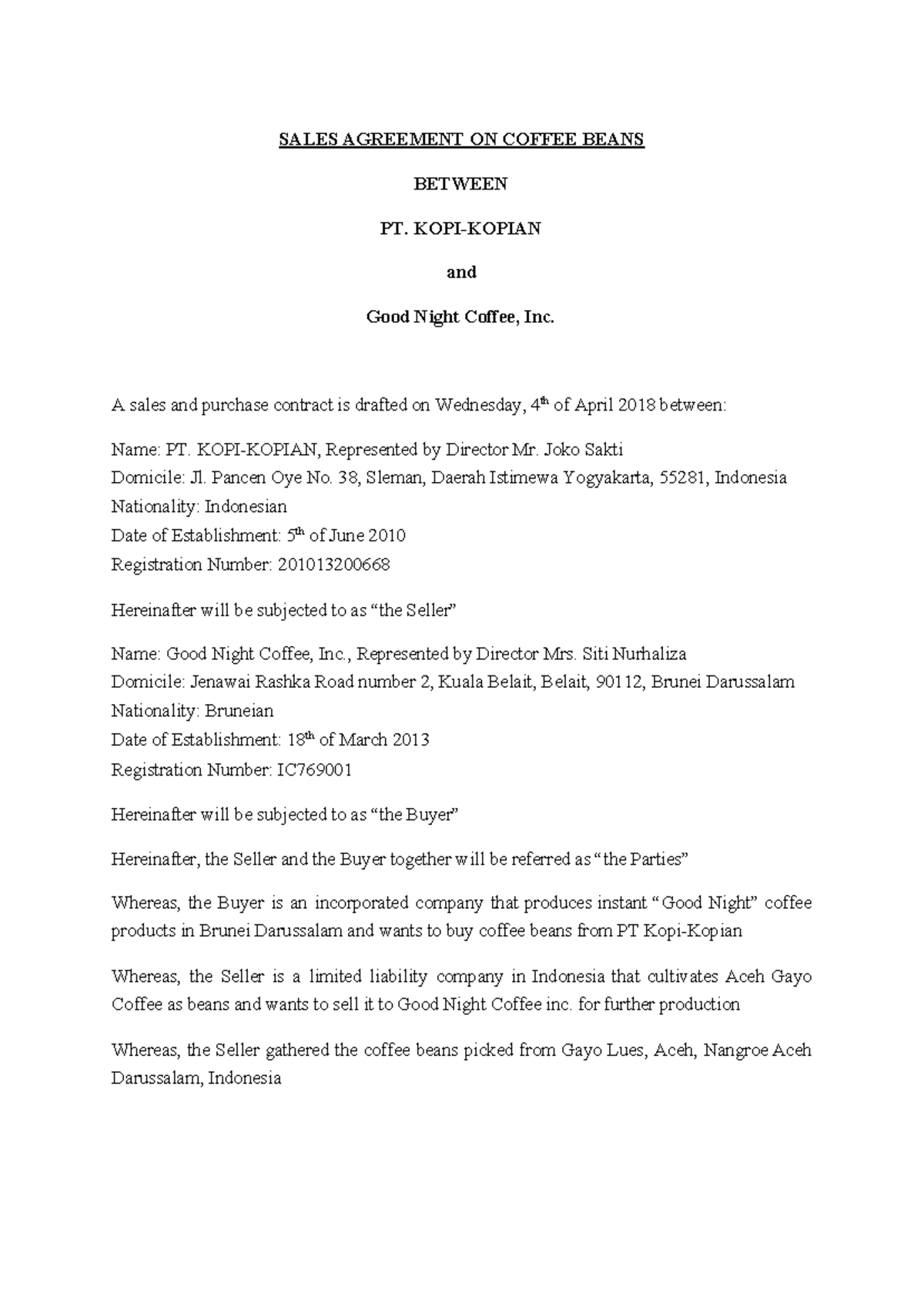 Contract Assignment SALES AGREEMENT ON COFFEE BEANS BETWEEN PT. KOPIKOPIAN and Good Night