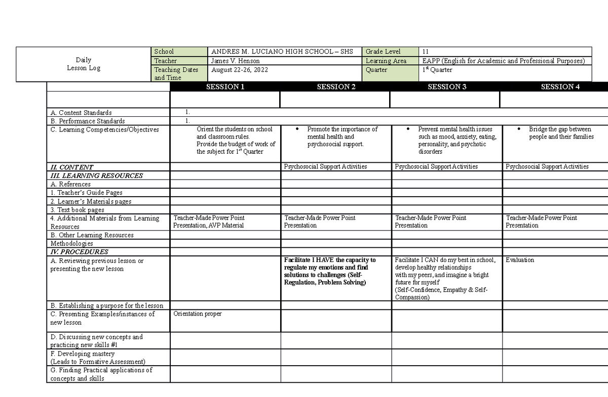 DLL-EAPP- August 22-26 2022 - Daily Lesson Log School ANDRES M. LUCIANO ...