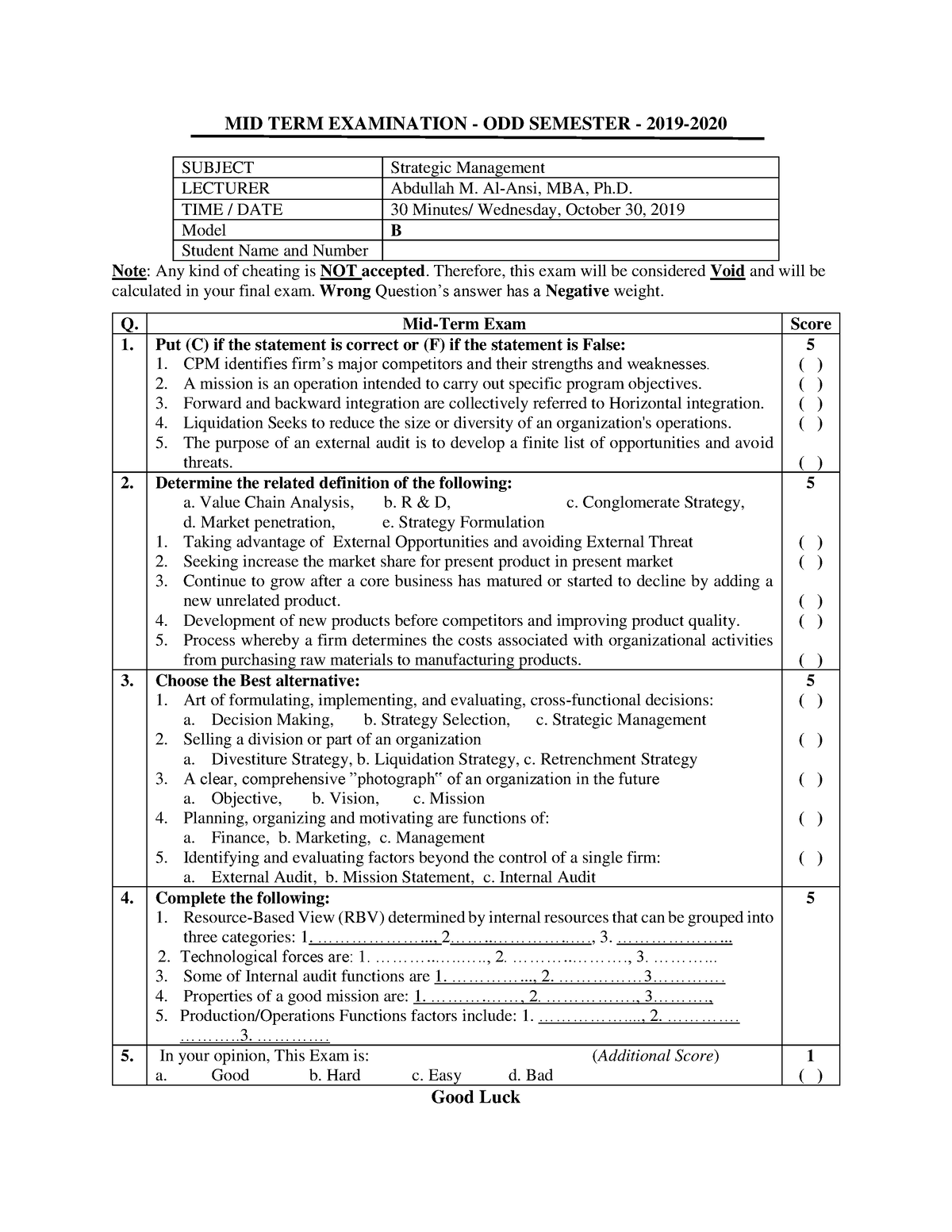 Model B - Midterm Examination For Management Strategies Modal B - MID ...