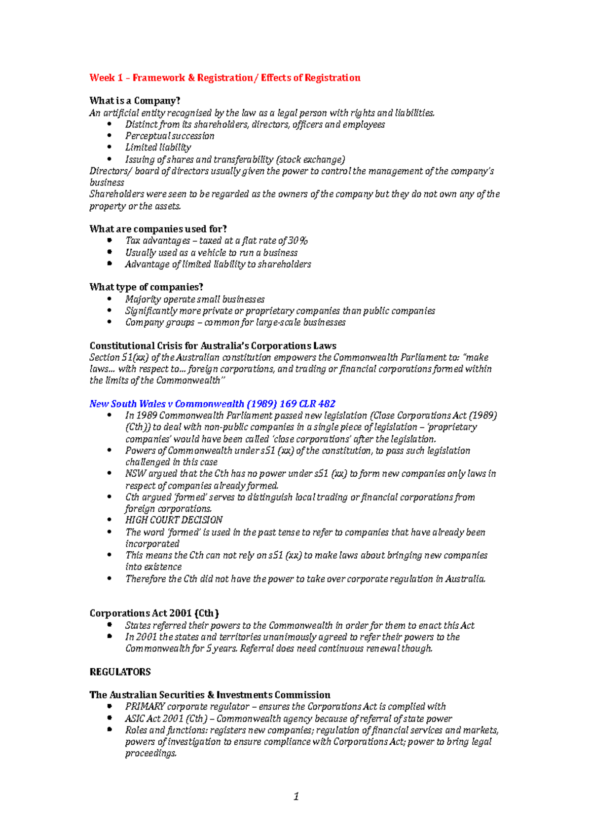 Corporate Law Week 1 - lecture slides - Week 1 – Framework ...