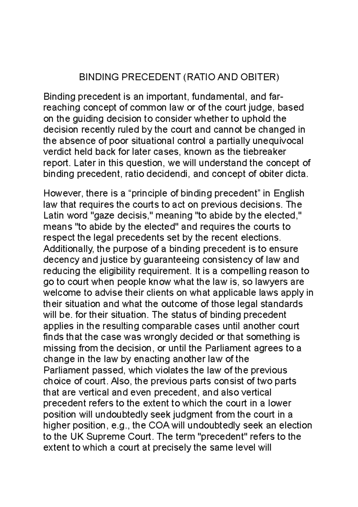 Lsm 4 sample answers BINDING PRECEDENT (RATIO AND OBITER) Binding