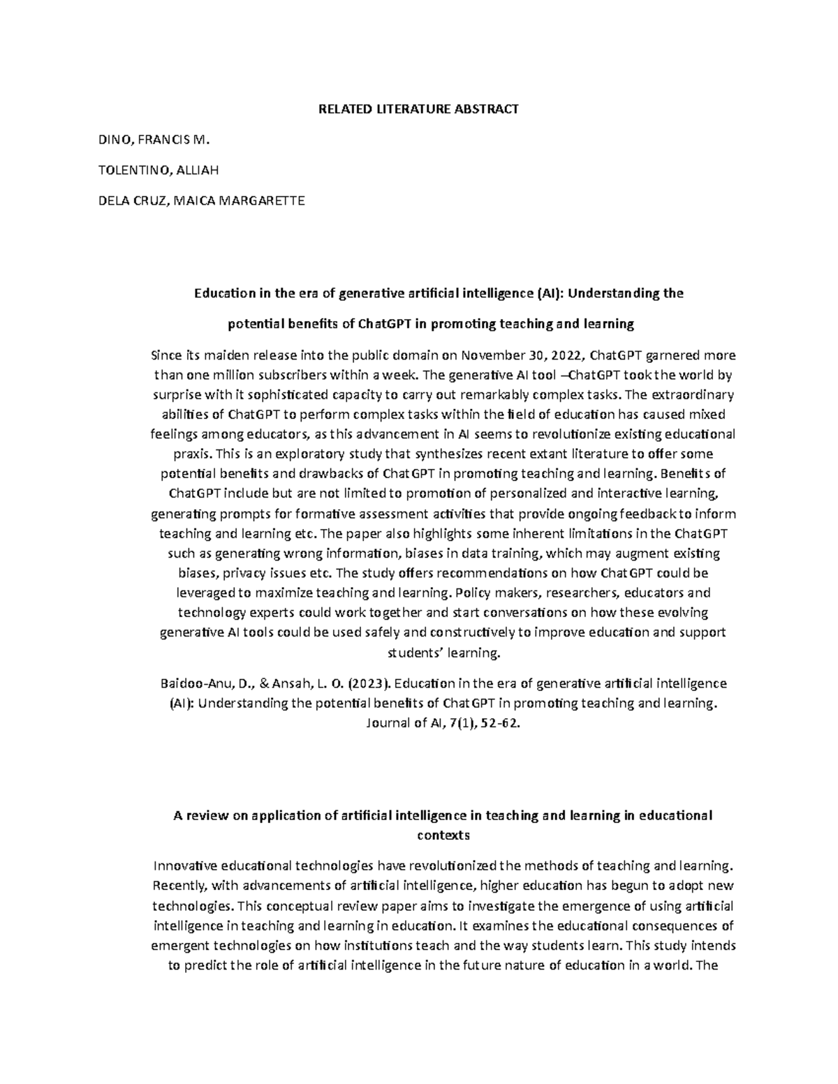 Document-1 - Science class - RELATED LITERATURE ABSTRACT DINO, FRANCIS ...