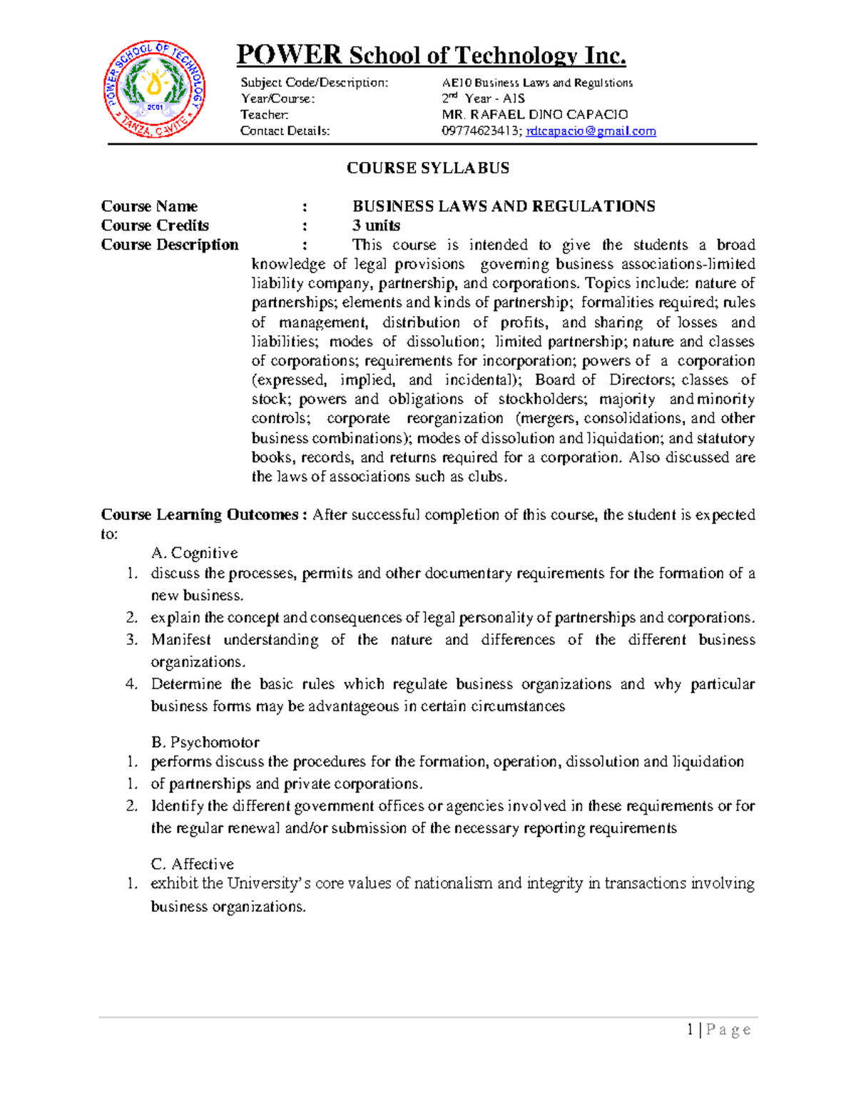 Syllabus AE10 Business Laws and Regulations 1 P a g e POWER School