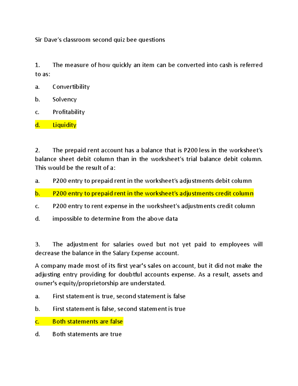 Sir Dave’s classroom second quiz bee questions and answers Sir Dave’s