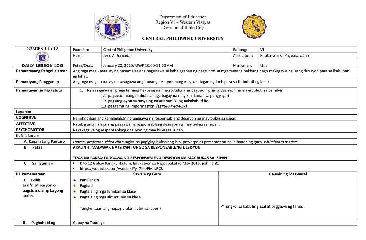 Es P DLL - Its a lesson plan template. - Region VI – Western Visayas ...