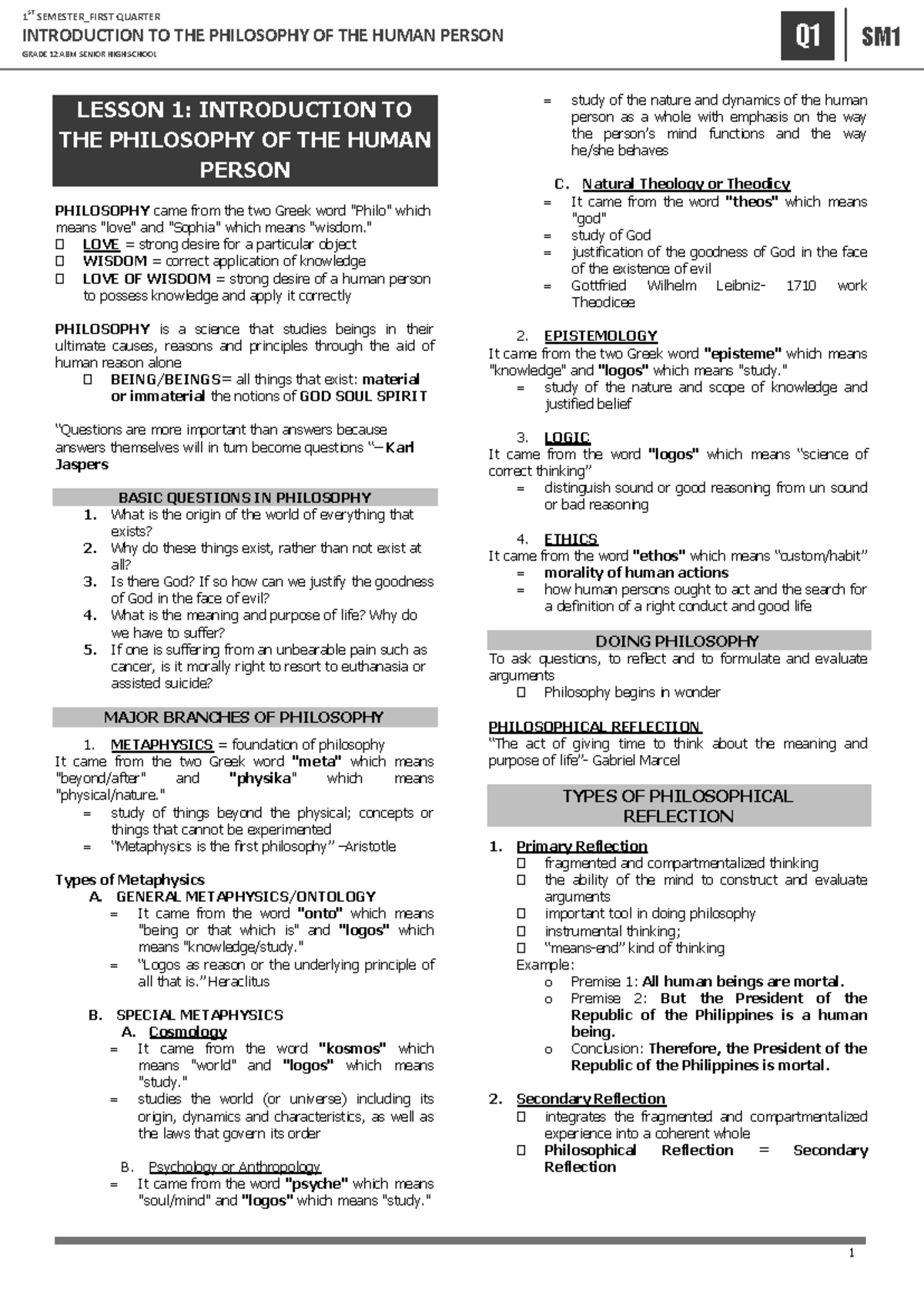 Philosophy Quarter 1 Notes - INTRODUCTION TO THE PHILOSOPHY OF THE ...