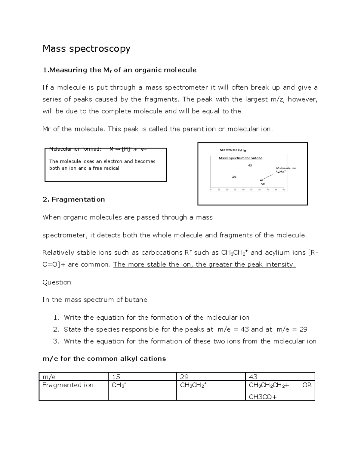 Mass spectroscopy Alevel notes on chemistry Mass spectroscopy 1 the