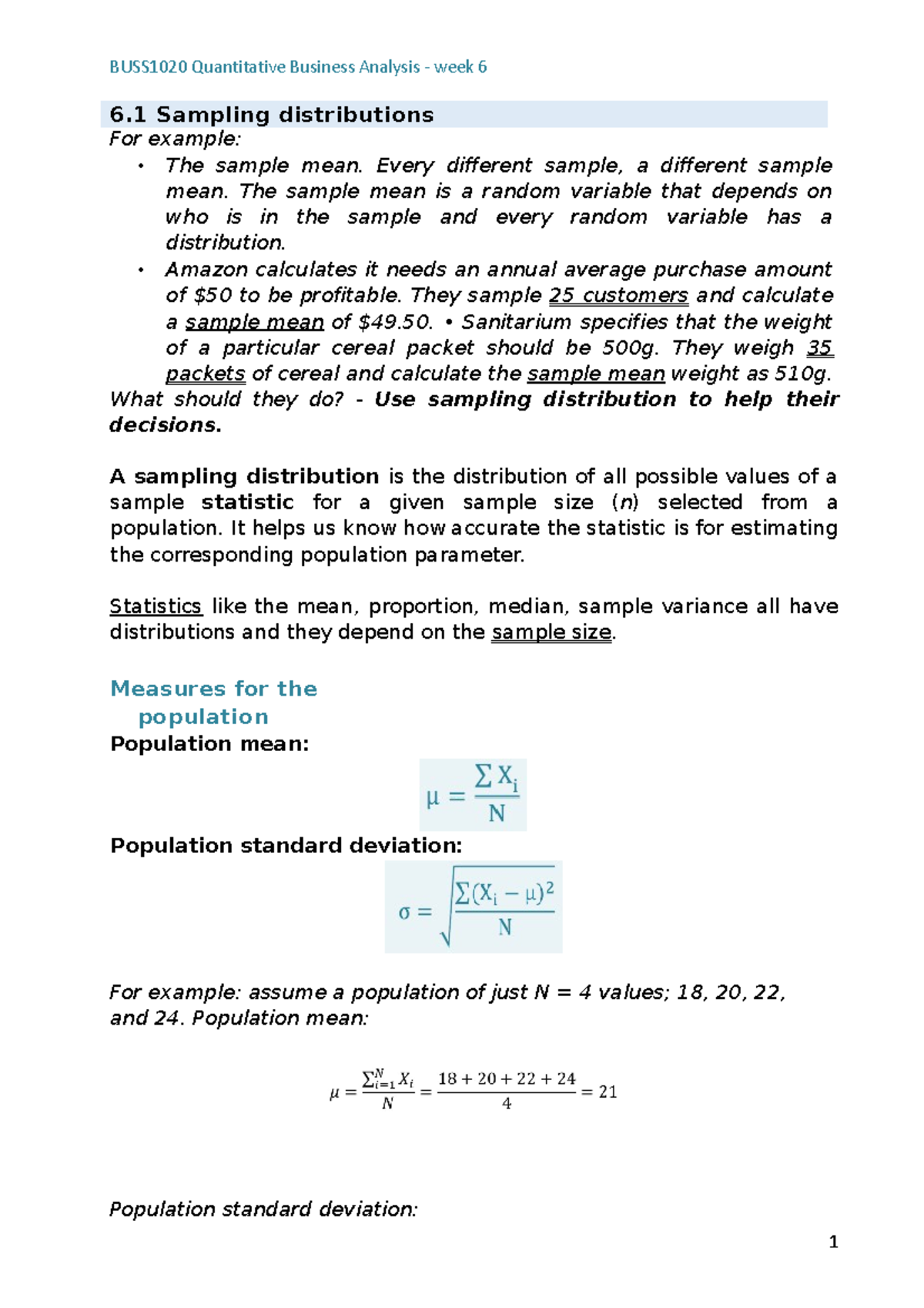 BUSS1020 - Module 6 - 6 Sampling distributions For example: • The ...