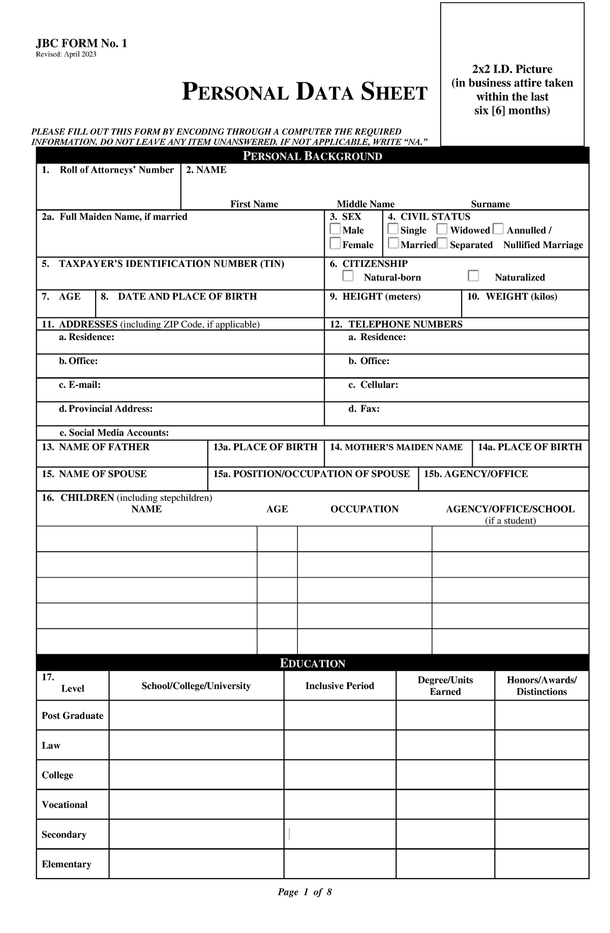 PDS-April-2023 - Personal data sheet - JBC FORM No. 1 Revised: April ...