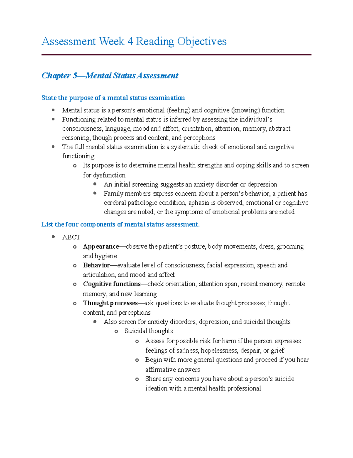 Week 4 Reading Objectives - Assessment Week 4 Reading Objectives ...