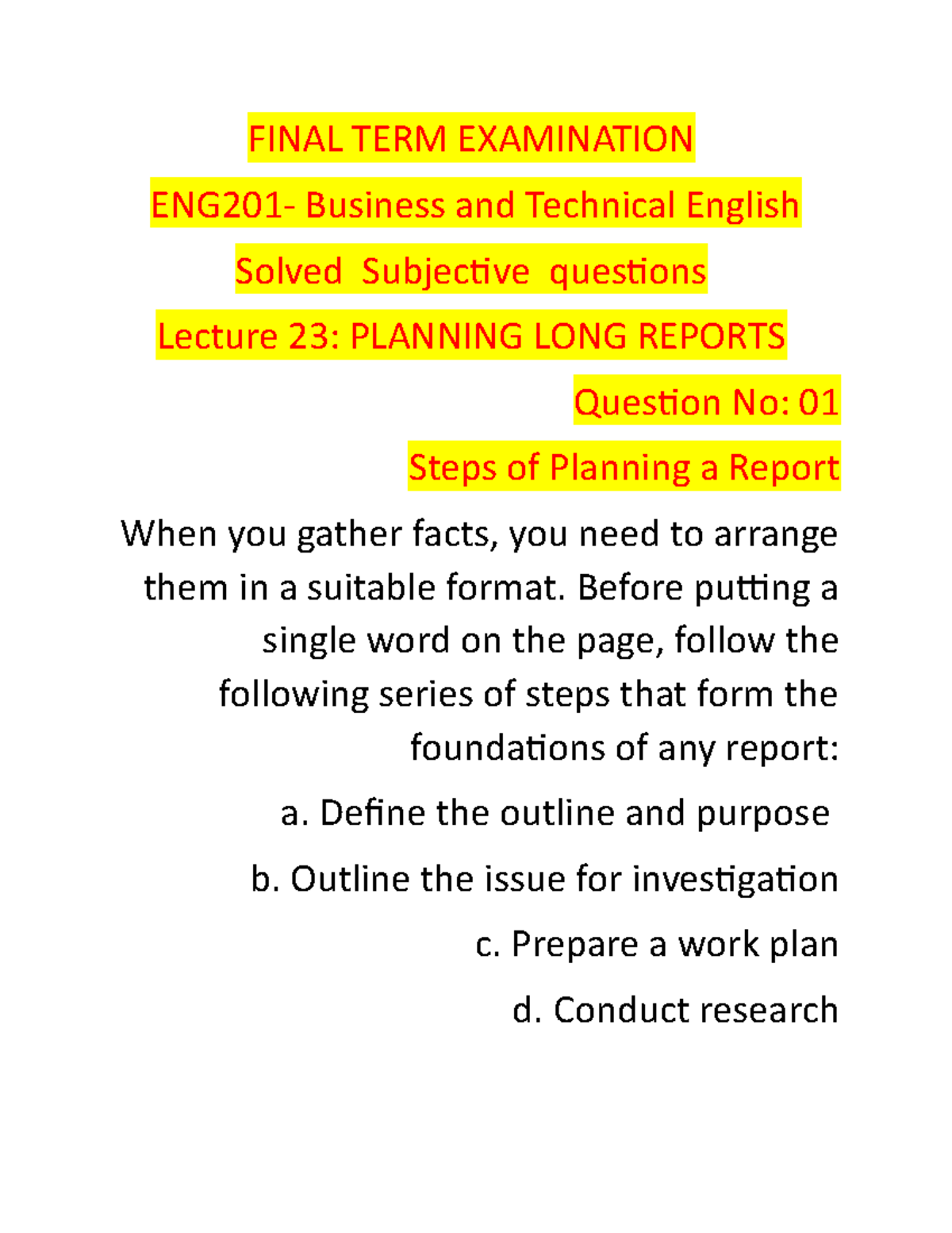 Subjective eng 201 dfg final term examination eng201 business and