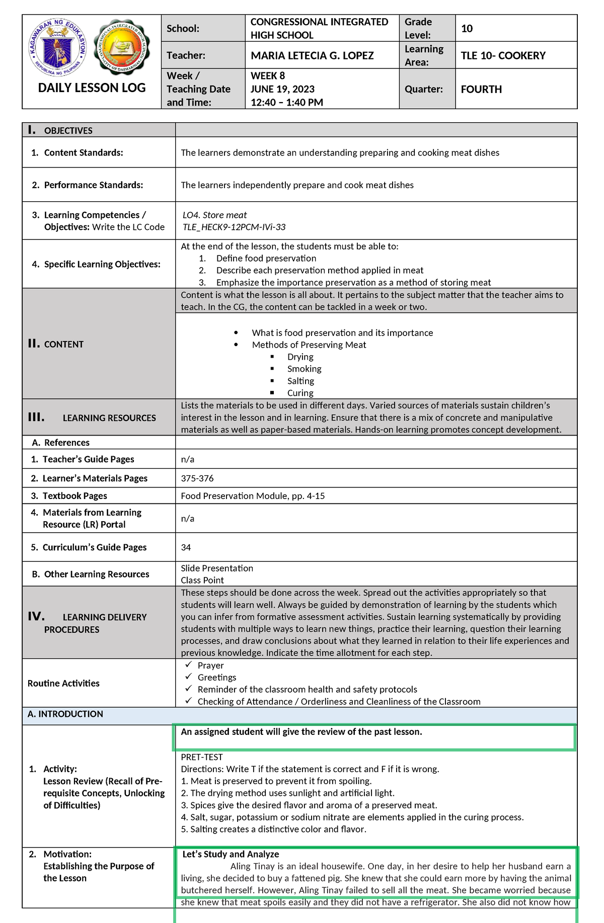 DLP- Observation - Hope this will help. - DAILY LESSON LOG School ...