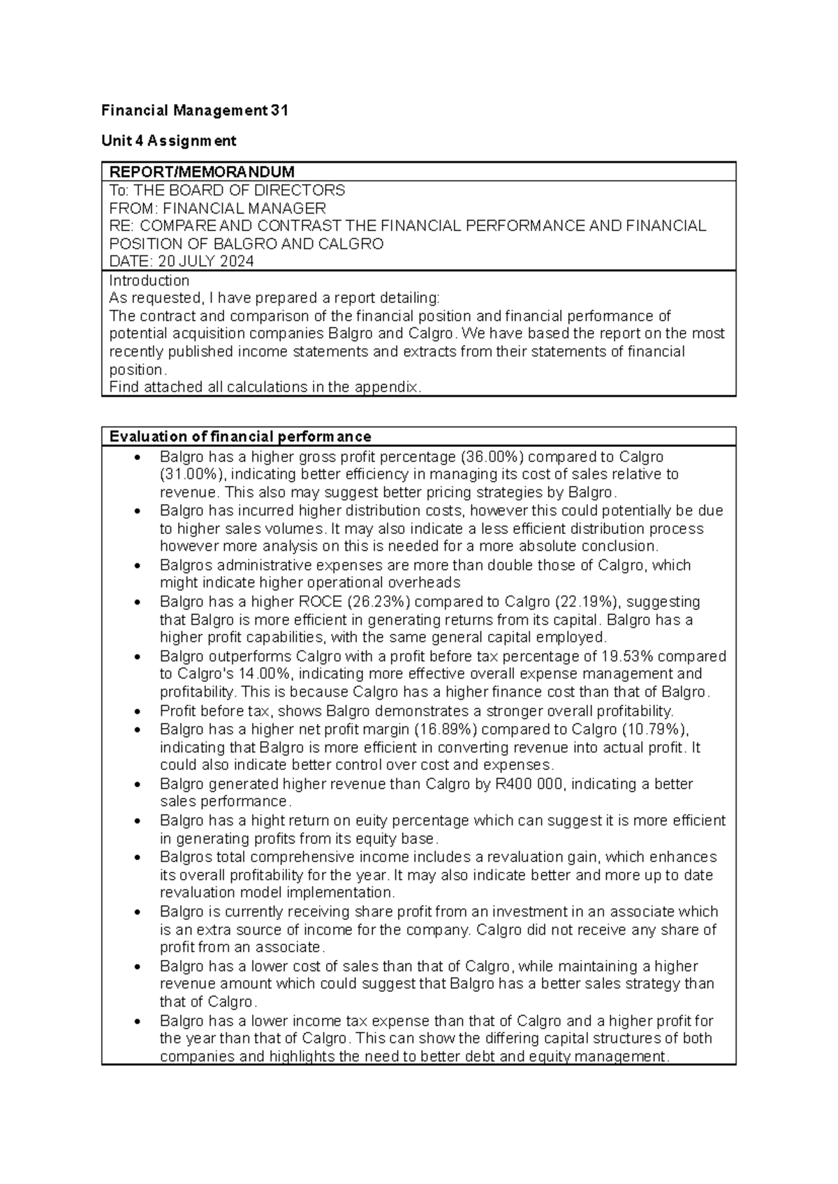 FM 31 Assignment 4 - Financial Management 31 Unit 4 Assignment REPORT ...