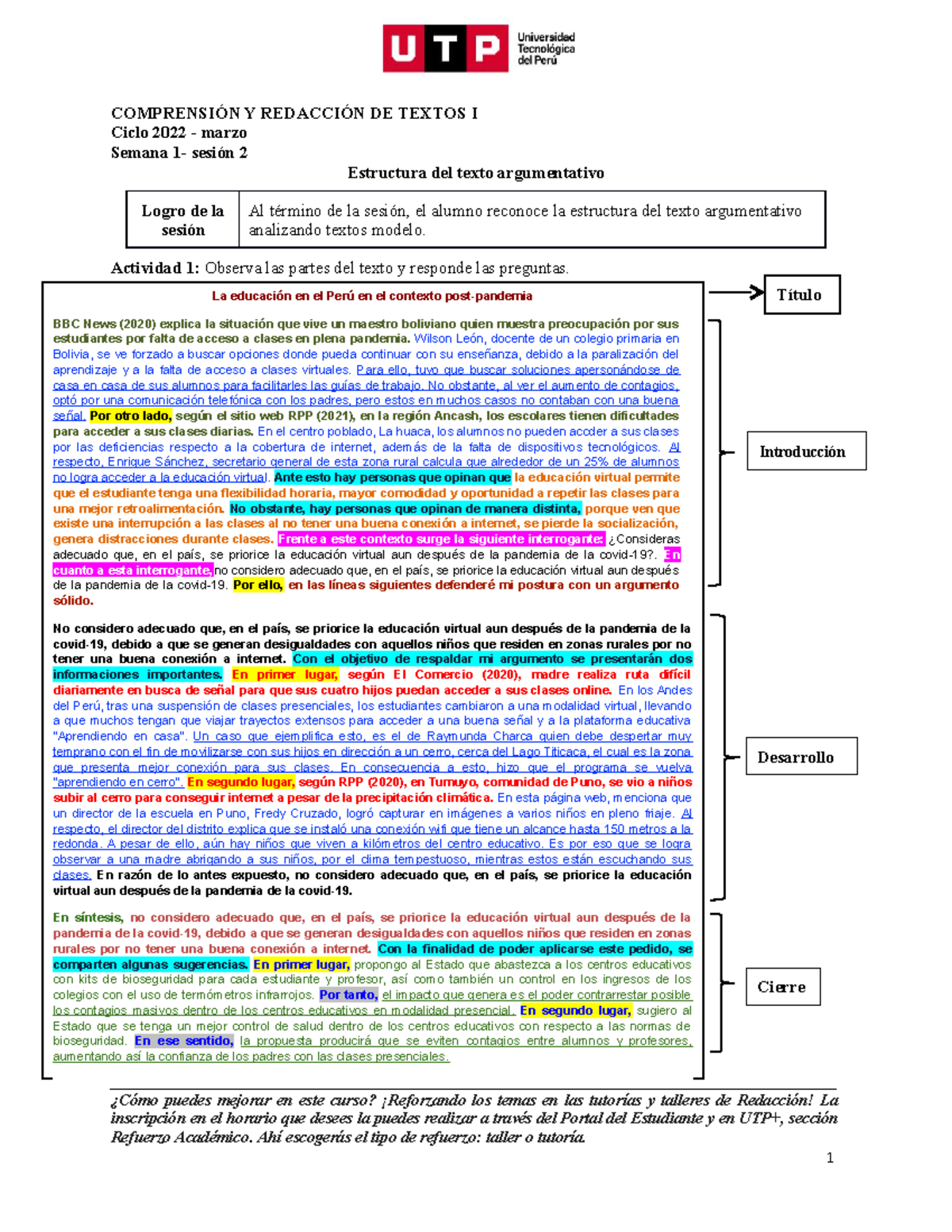 S01 S2 Material Estructura Del Texto Argumentativo ComprensiÓn Y RedacciÓn De Textos I Ciclo 8797