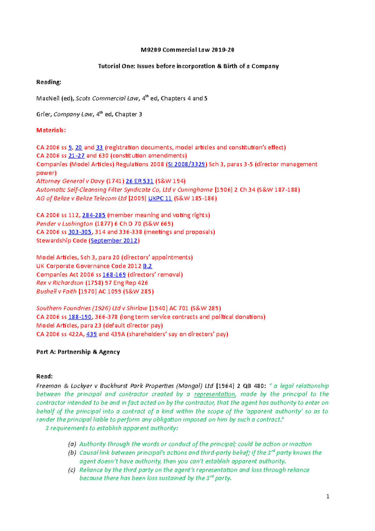 Commerical Tutorial 1 Issues Before Incorporation Birth Of A Company Agent And Partnership M99 Commercial Law 19 Tutorial One Issues Before Studocu
