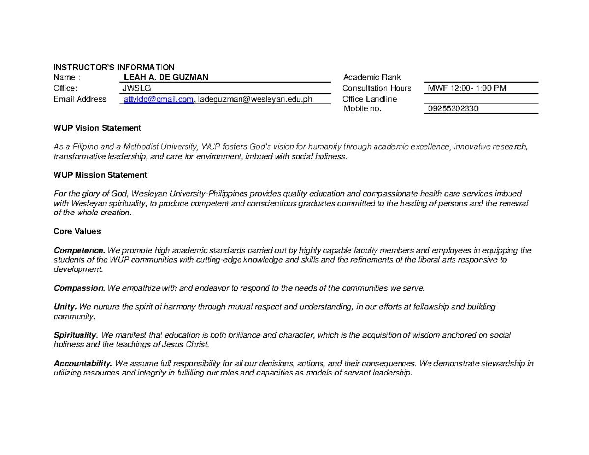 Syllabus-Insurance-22 - INSTRUCTOR’S INFORMATION Name : LEAH A. DE ...