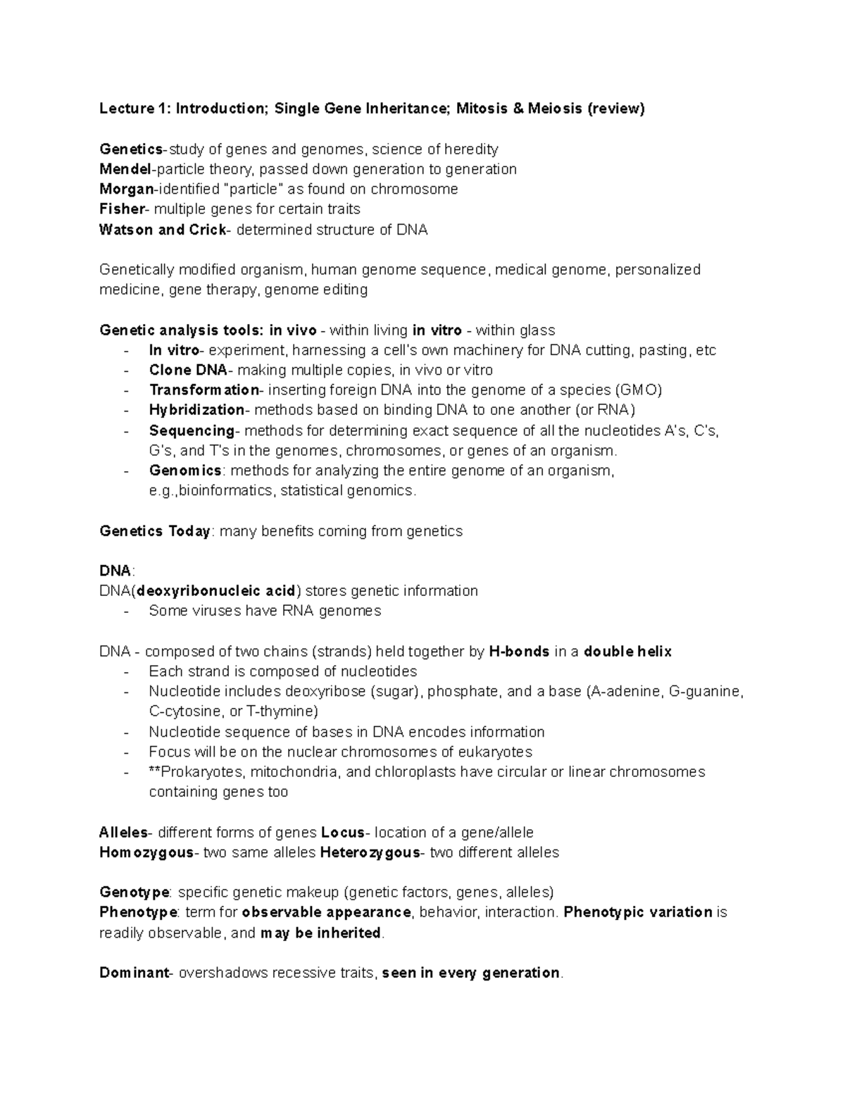 BIOL-102 Genetics Notes - Lecture 1: Introduction; Single Gene ...