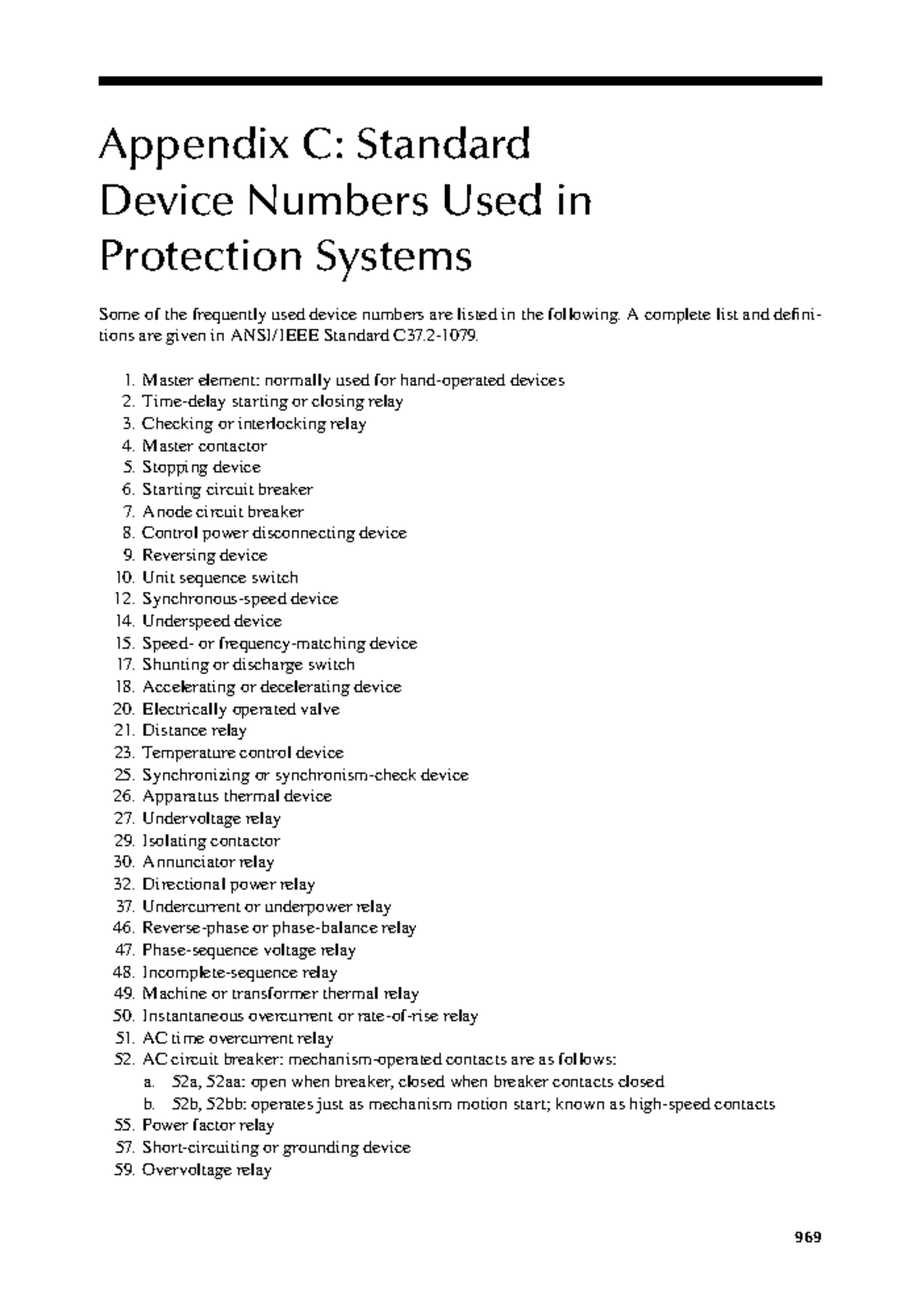 Appendix C Standard Device Numbers Used in Protection Systems 969