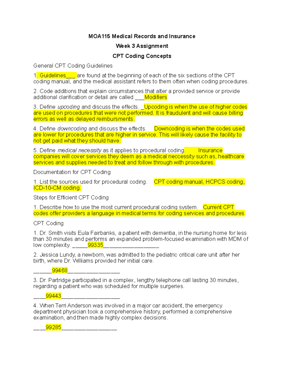 Week 3 Assignment Worksheet - MOA115 Medical Records And Insurance Week ...