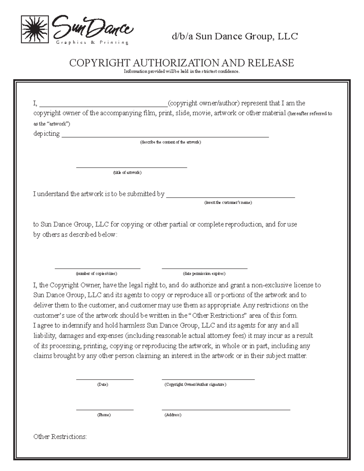 Copyright Authorization Form - d/b/a Sun Dance Group, LLC COPYRIGHT ...
