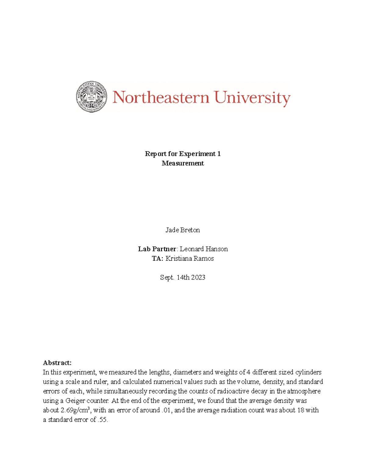 PHYS Lab Report 1 - Lab 1 - Report For Experiment 1 Measurement Jade ...