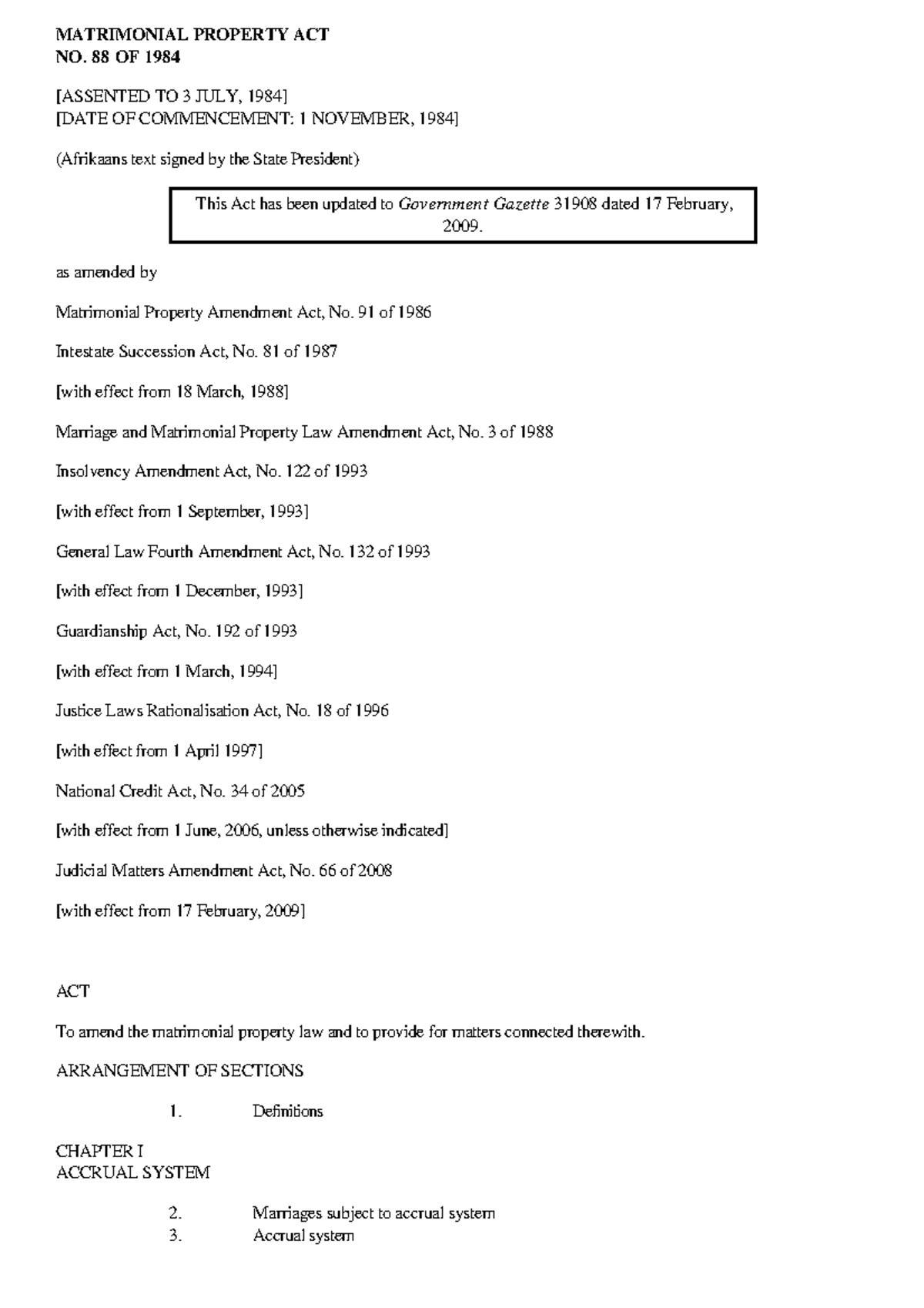 2. Matrimonial Property Act 88 of 1984 MATRIMONIAL PROPERTY ACT NO