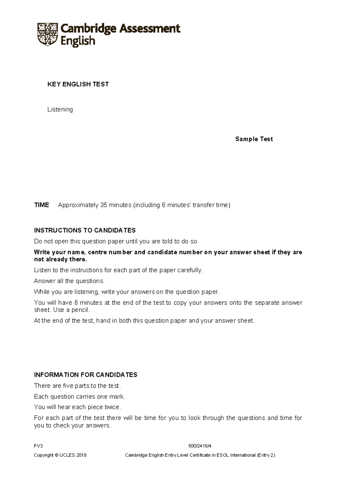 A2 Key 2020 sample tests Listening - question paper - KEY ENGLISH TEST ...